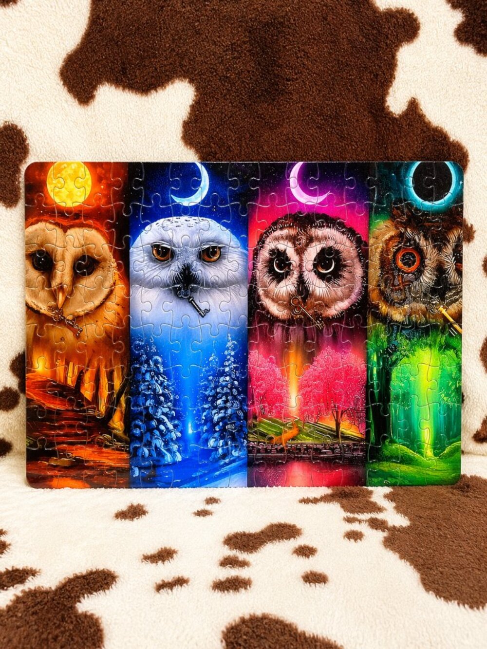 Owl Seasons Moon 120 Piece Custom Handmade Jigsaw Puzzle Decor
